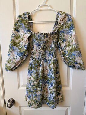 Reformation Blue Green Floral Smocked Mini Dress Puff Sleeve Size 8